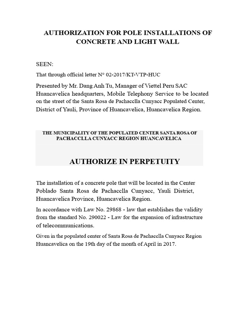 Authorization For Installation of Concrete Poles and Light Walls | PDF