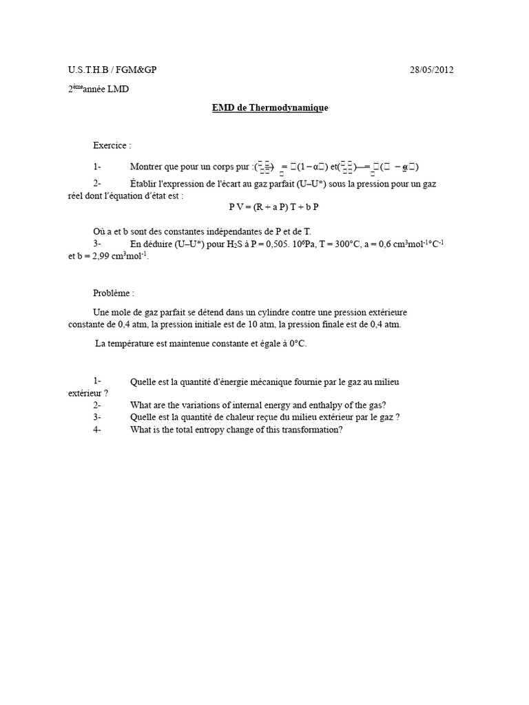 Exercice de thermodynamique : gaz parfait et réel | PDF | Pression ...