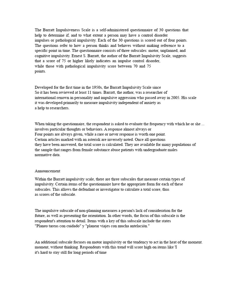 Barratt Impulsiveness Scale Overview | PDF | Impulsivity | Psychology