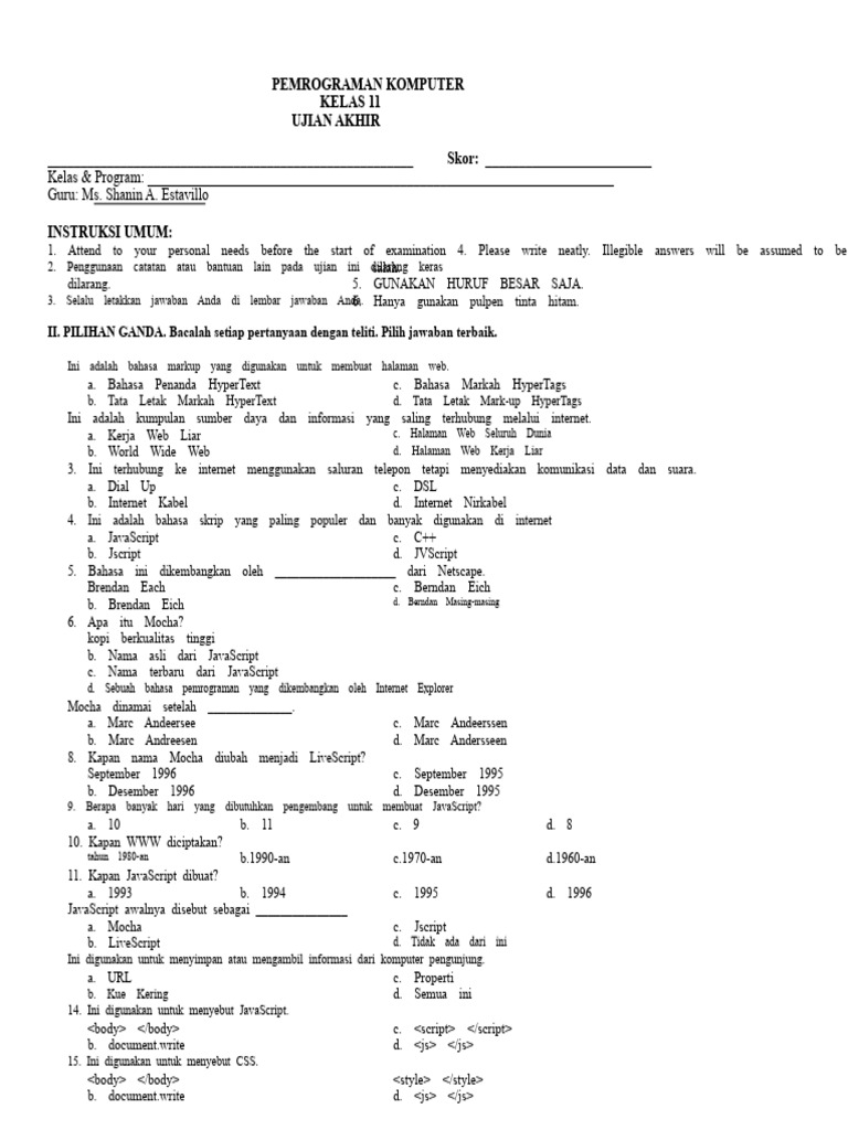 Ujian Akhir Pemrograman Kelas 11 | PDF
