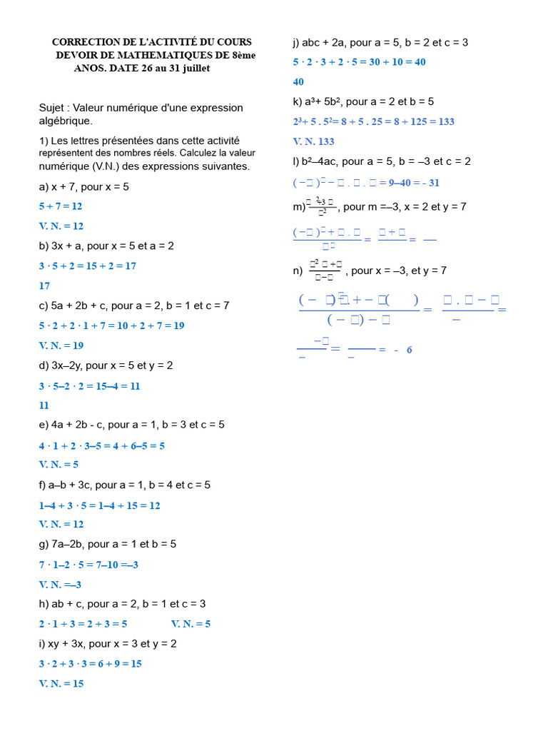Valeurs numériques d'expressions algébriques | PDF | Mathématiques