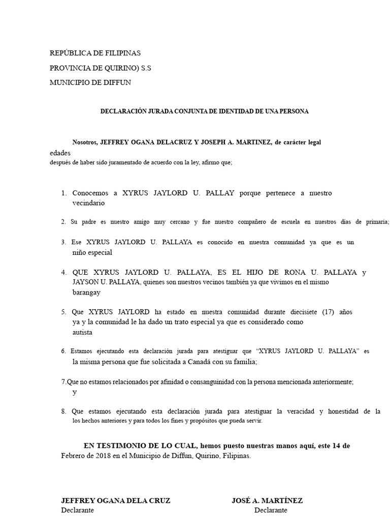 Declaración Jurada de Identidad en Filipinas | PDF