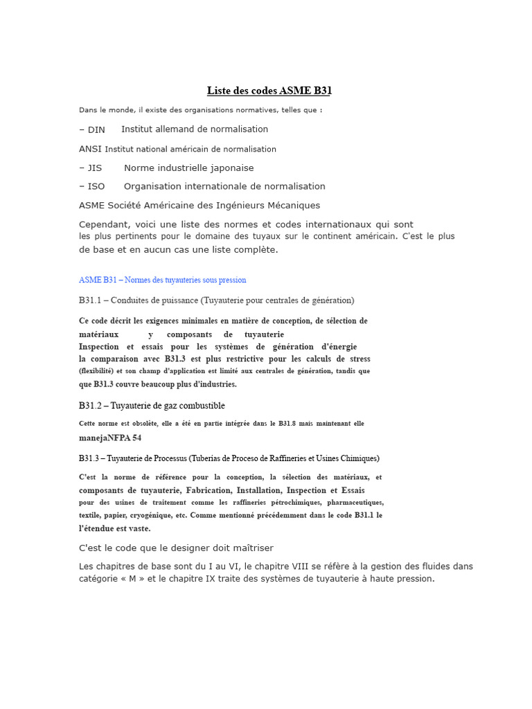 Codes ASME B31 : Normes de Tuyauterie | PDF | Tuyau | Organisation ...