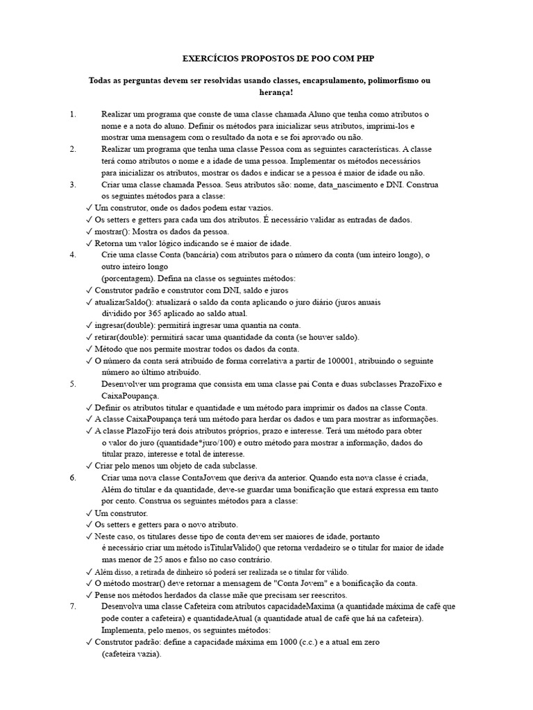 Exercícios de POO em PHP: Classes e Métodos | PDF | Classe (programação ...