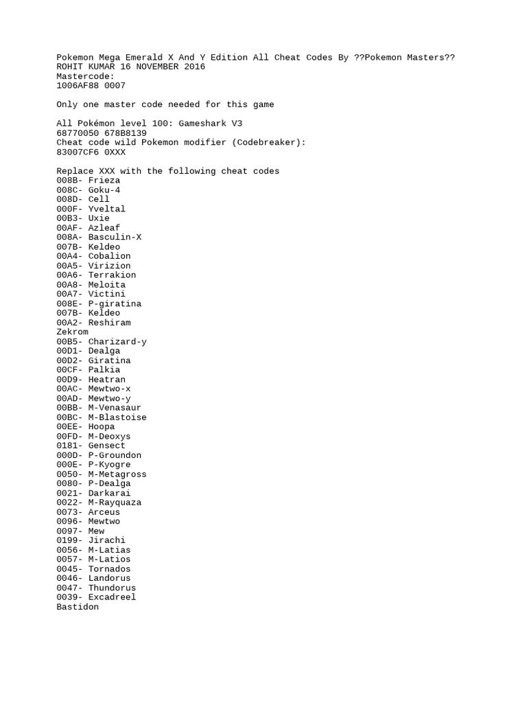 Mega Emerald X and Y Cheat Codes | PDF | Nintendo | Video Game ...
