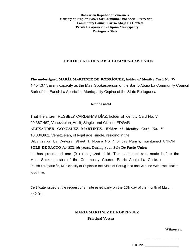 CERTIFICATE OF STABLE COMMON-LAW UNION From The Community Council | PDF
