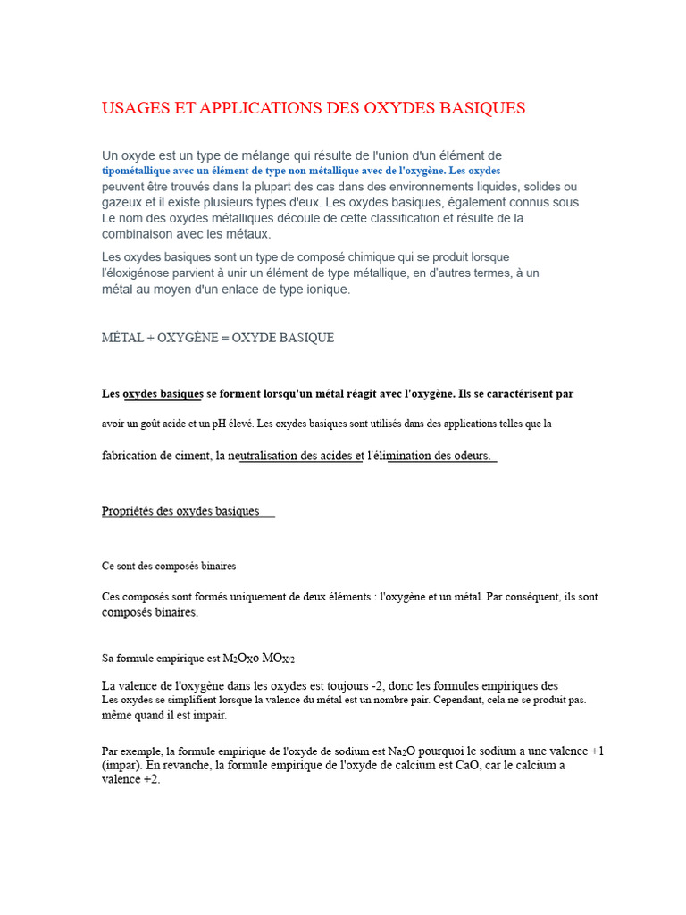 Usages des oxydes basiques | PDF | Métaux | Oxyde