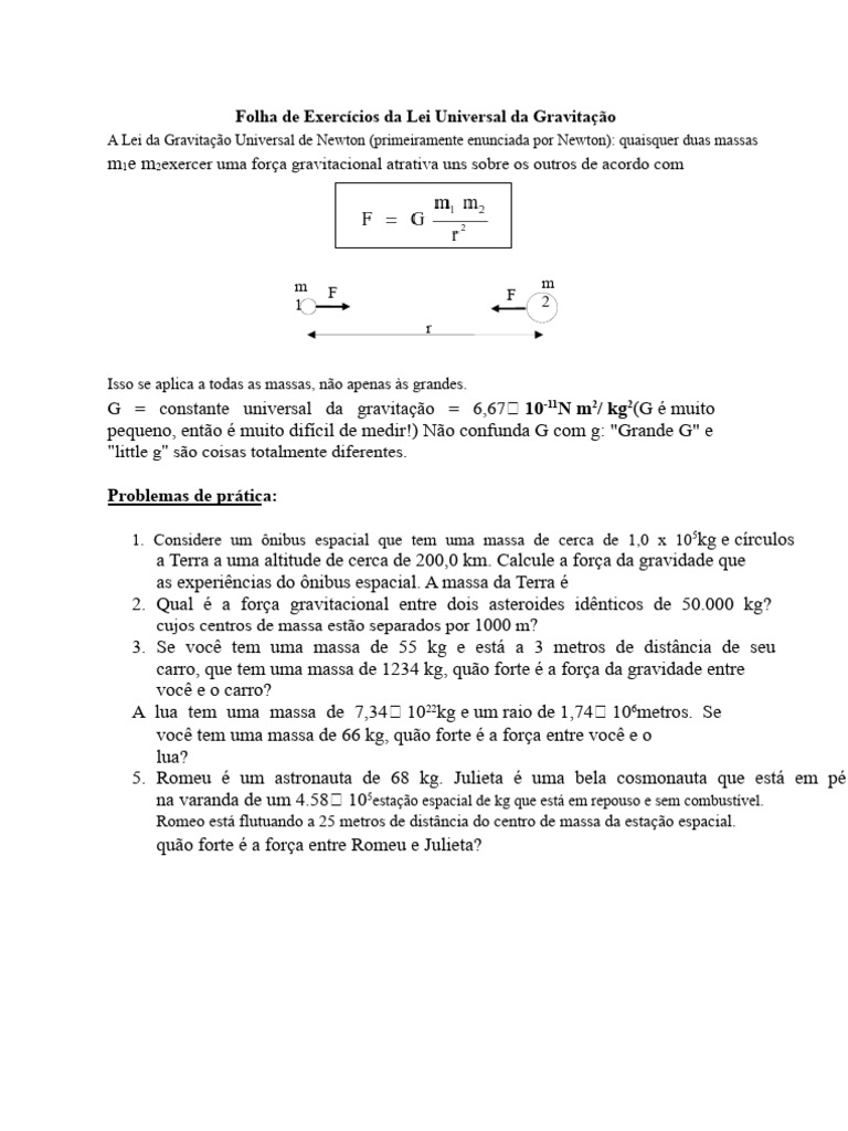 Exercícios sobre Gravitação Universal | PDF