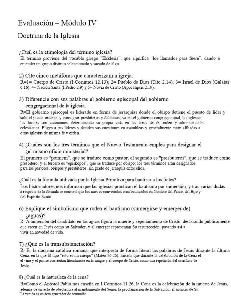 Evaluación Eclesiología - Módulo IV | PDF | Iglesia cristiana | Cristo ...