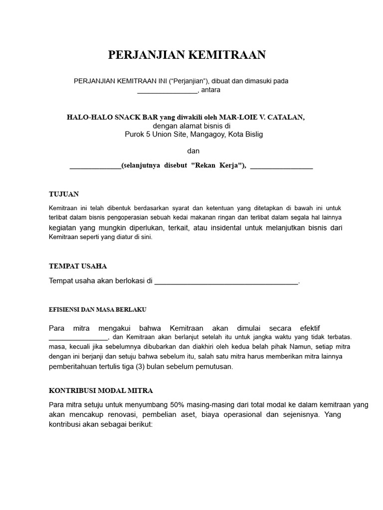 Perjanjian Kemitraan Kedai Makanan | PDF