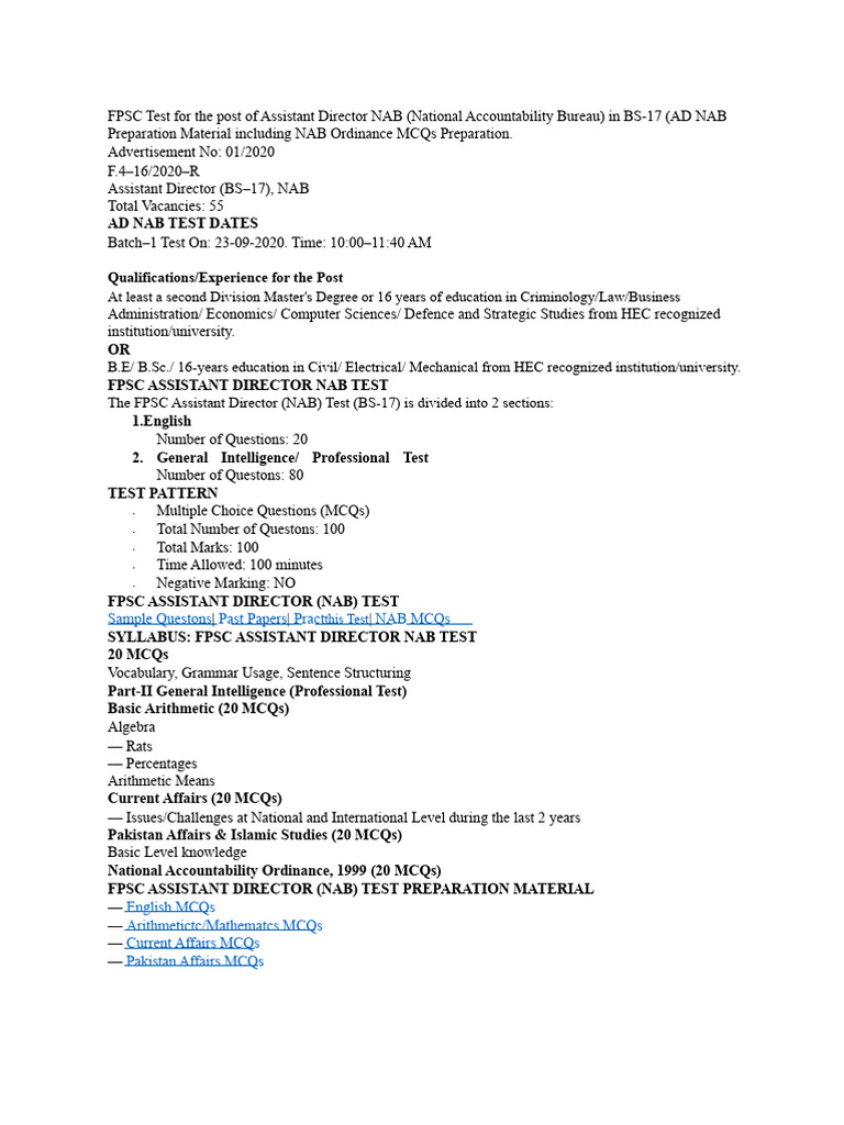FPSC Assistant Director NAB Test Guide | PDF | Oxygen | Hydrogen