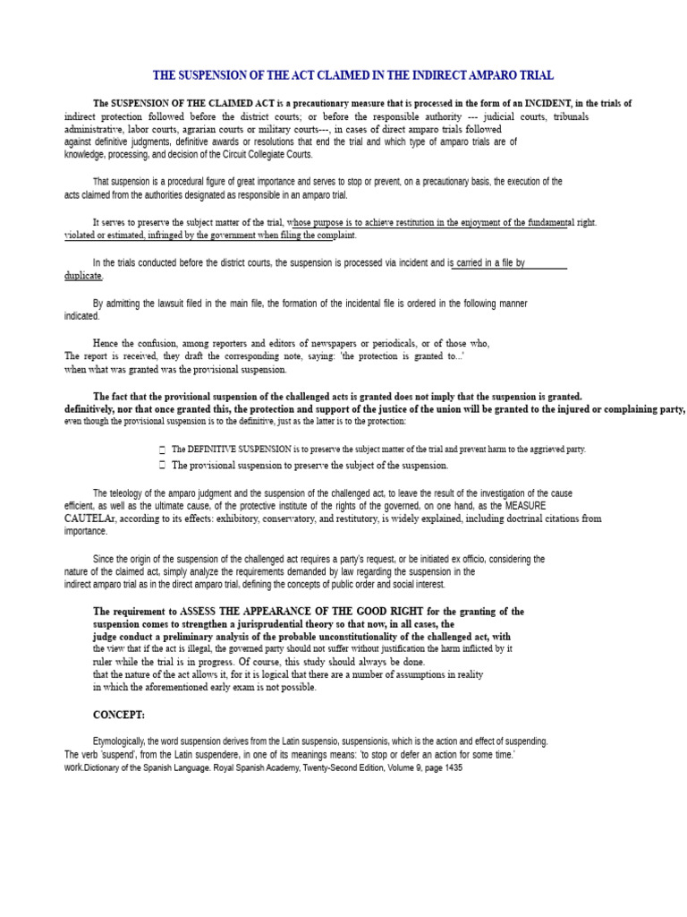 The Suspension of The Act Challenged in The Indirect Amparo Trial | PDF ...