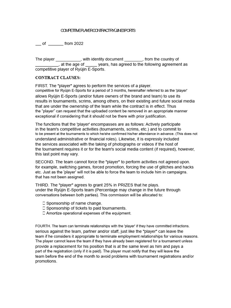 Ryüjin Esports Player Contract 2022 | PDF | Private Law | Common Law