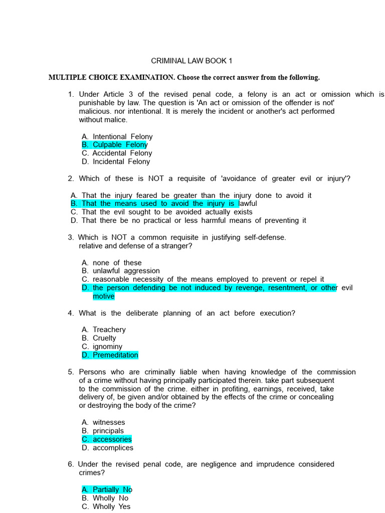 Criminal Law Multiple Choice Exam | PDF | Crimes | Crime & Violence