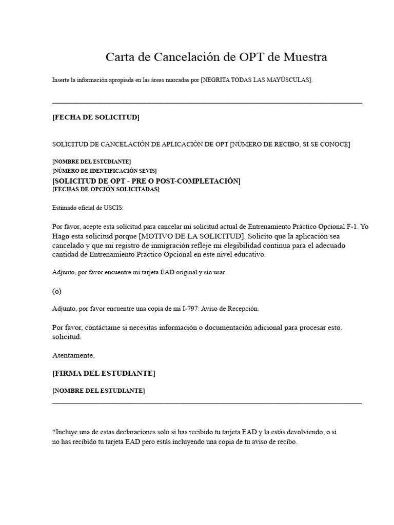 Carta de Cancelación de OPT F-1 | PDF