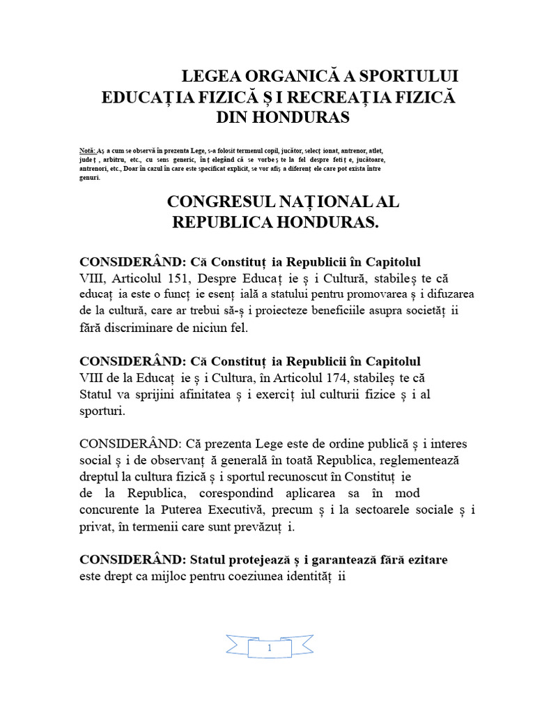 Legea Sportului Honduras | PDF