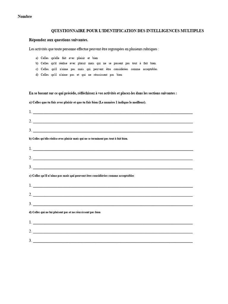 Questionnaire sur les intelligences multiples | PDF