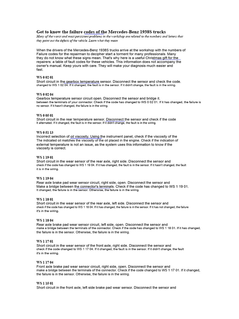 Mercedes-Benz 1938S Truck Failure Codes | PDF | Anti Lock Braking ...