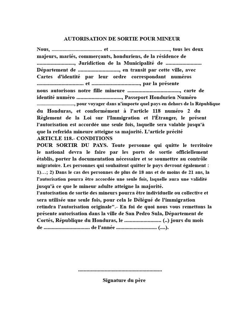 Autorisation de Sortie pour Mineur au Honduras | PDF