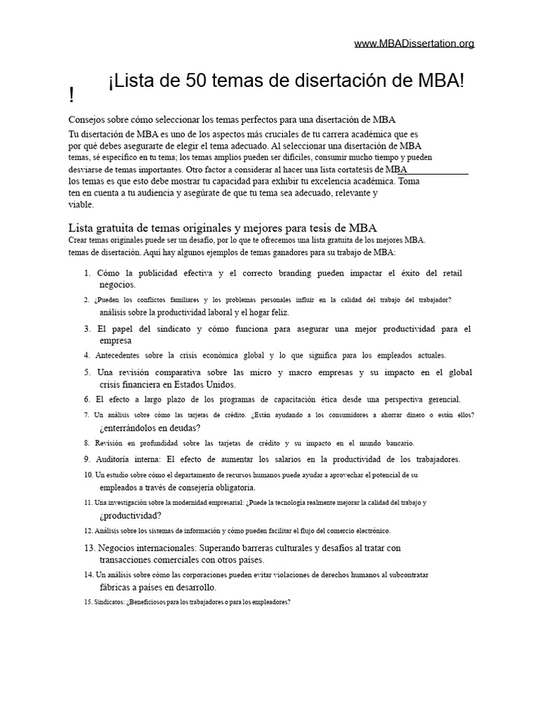 Temas de Disertación de MBA Únicos | PDF | Outsourcing | Marketing