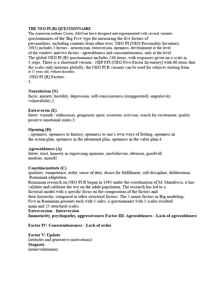 The Neo Pi Questionnaire | PDF