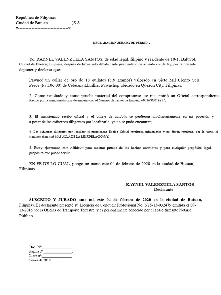 Declaración Jurada de Pérdida en Filipinas | PDF