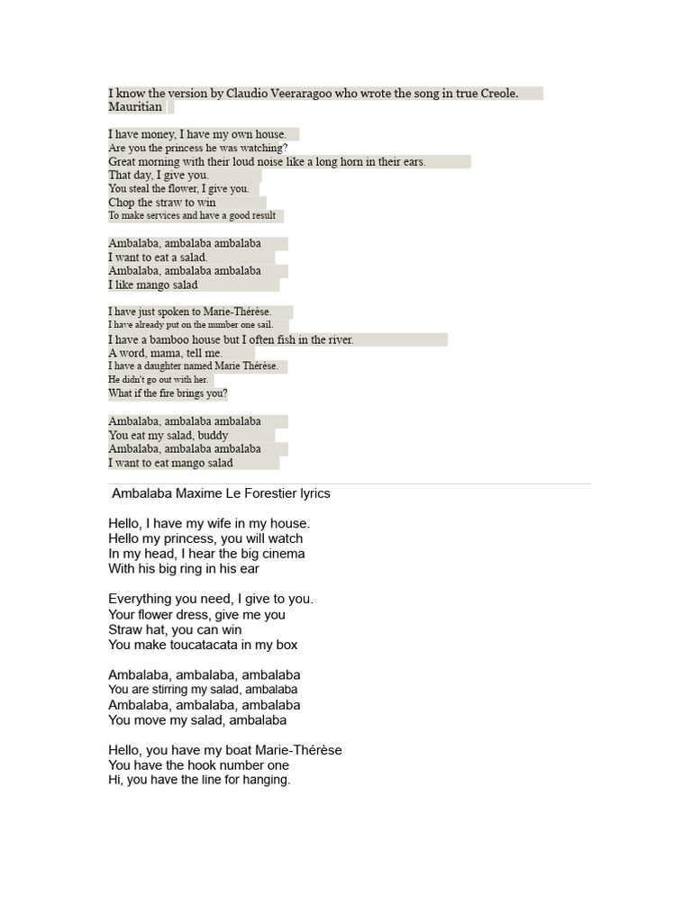 Ambalaba: A Creole Song Tribute | PDF
