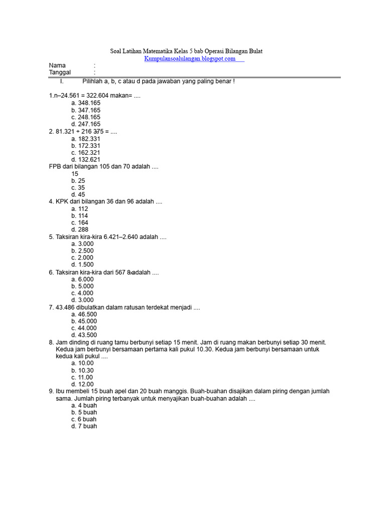 Soal Latihan Matematika Kelas 5 Bilangan Bulat | PDF