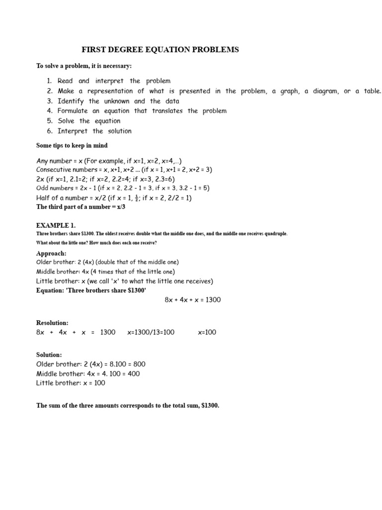 Exercises And Problems Of First Degree Equations Pdf Area Mathematics