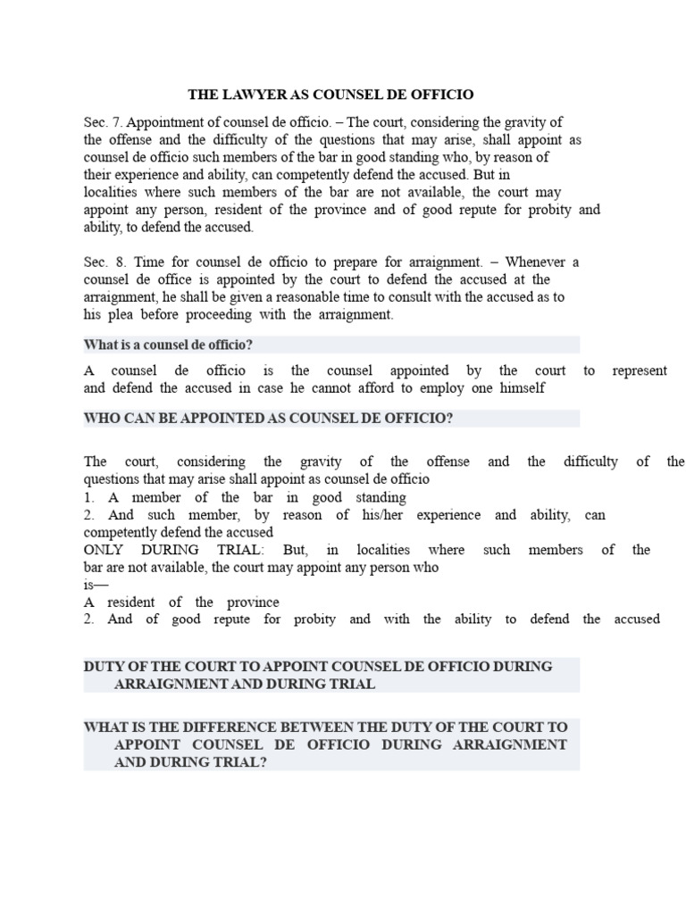 Understanding Counsel de Officio Roles | PDF | Right To Counsel ...