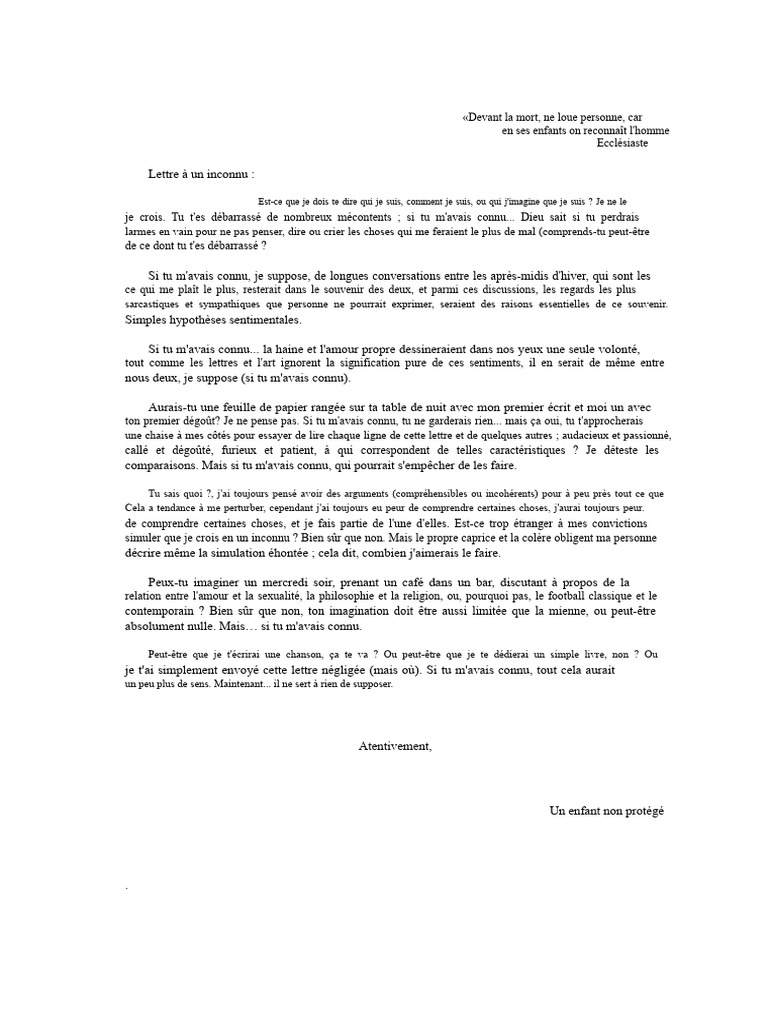 Lettre à un inconnu : réflexions intimes | PDF