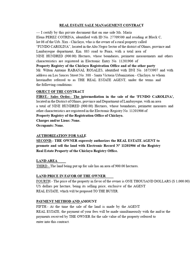 Real Estate Sale Contract for 900 Hectares | PDF | Prices | Estate Agent