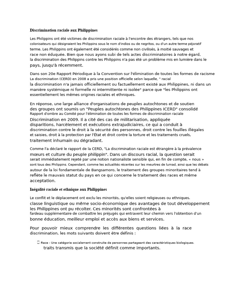Discrimination raciale aux Philippines : enjeux et lois | PDF | La ...