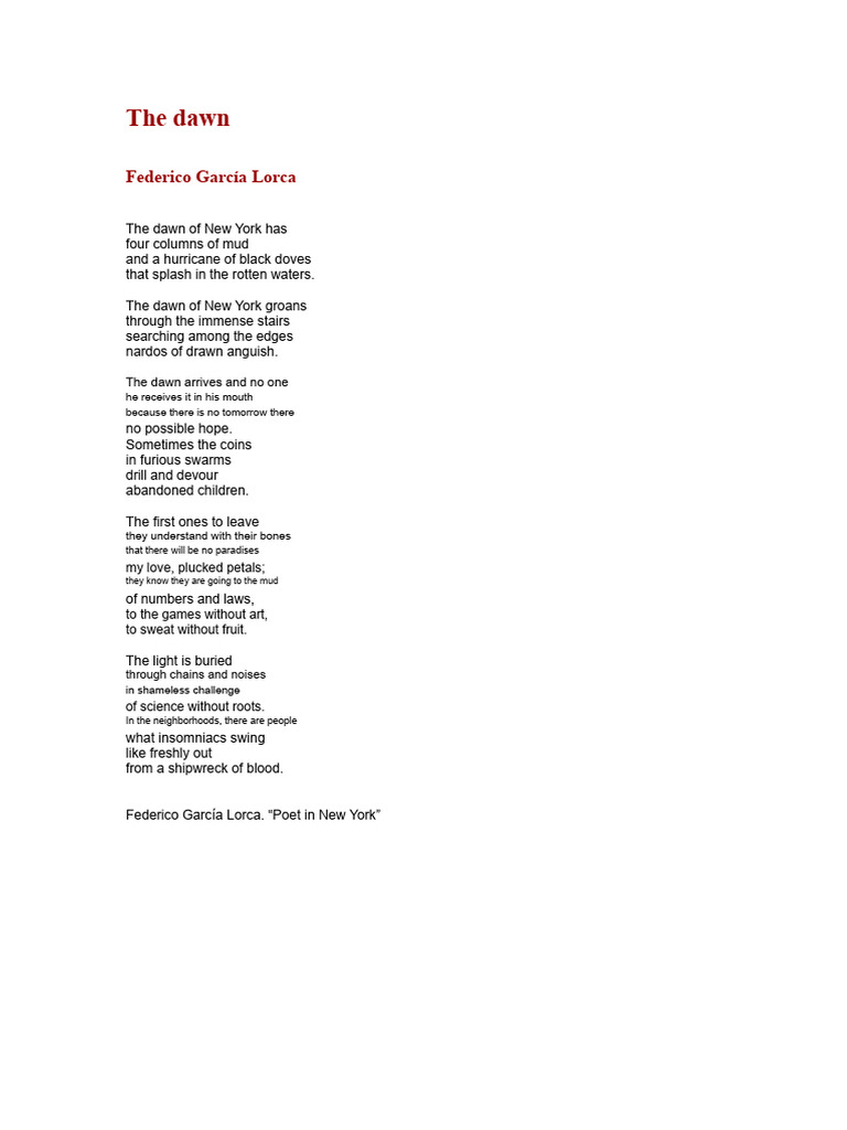 Dawn of New York: A Lorca Poem | PDF