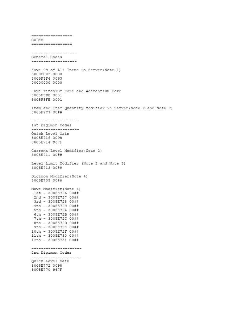 Codes pour Digimon World 2 | PDF