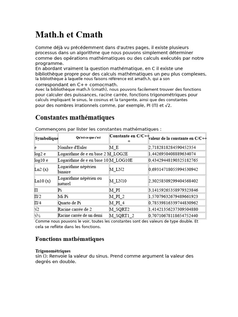 Bibliothèque math.h en C/C++ | PDF | Pi | Fonction trigonométrique