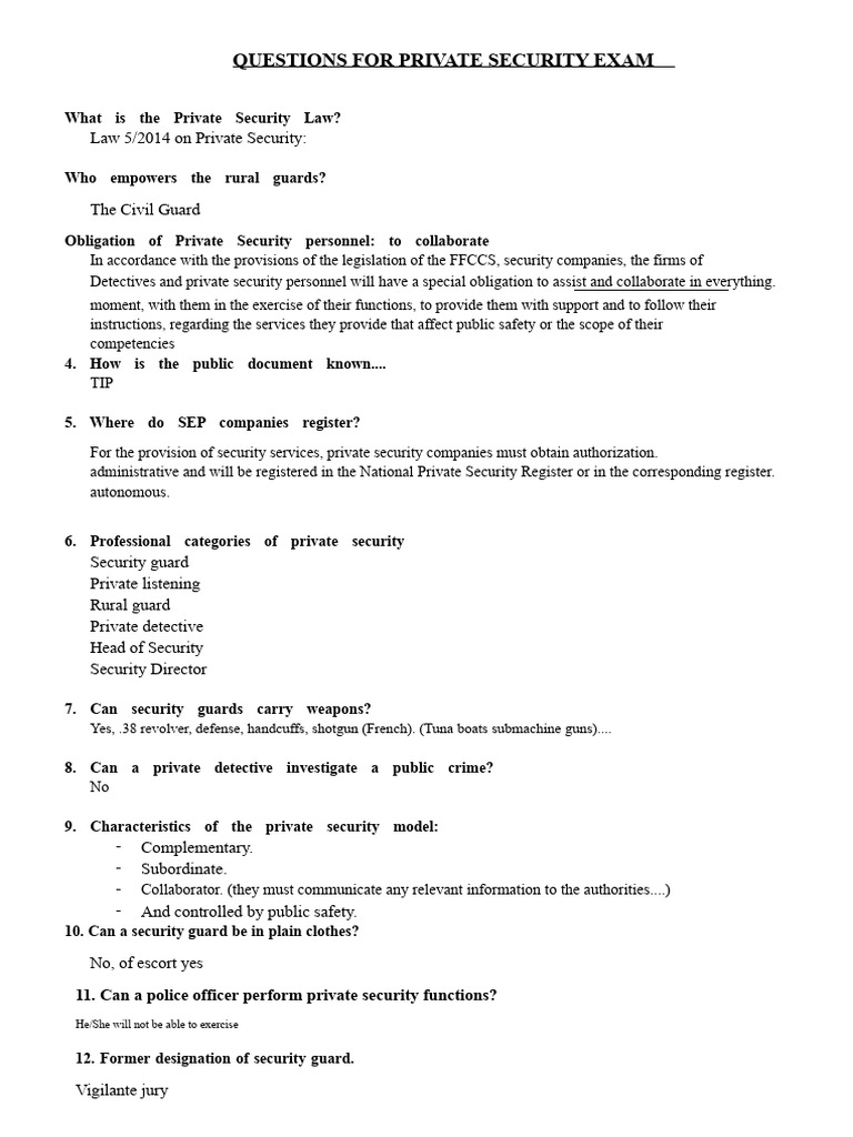 Private Security Exam Questions Overview | PDF