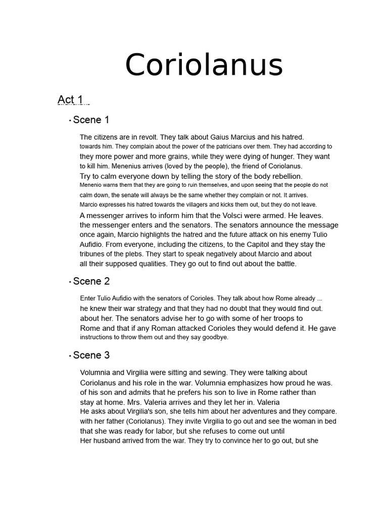 Coriolanus Act 1 Summary | PDF | Ancient Europe | Ancient Rome