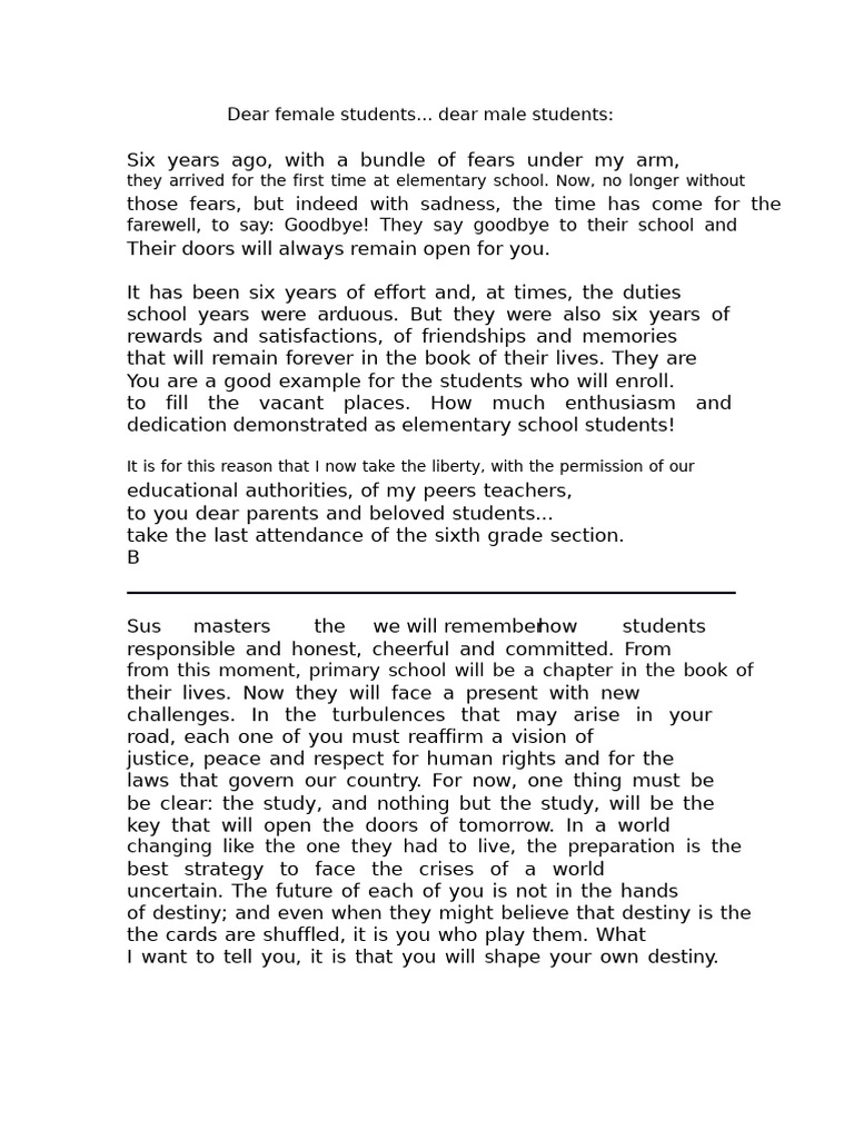 Short Farewell Speech for Graduating Students | PDF