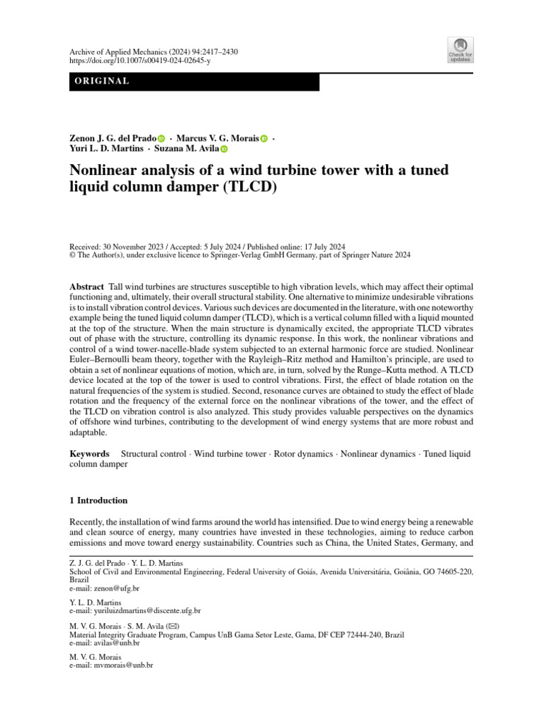 Nonlinear Analysis of A Wind Turbine Tower With A Tuned Liquid Column ...