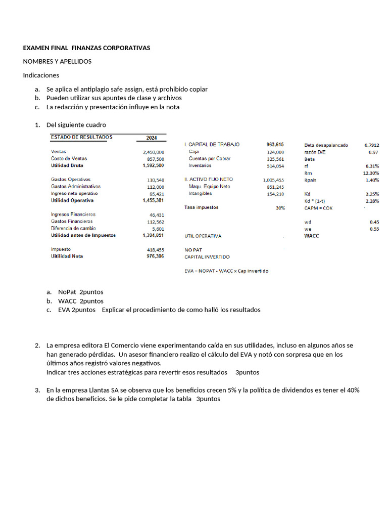 Examen Final de Finanzas Corporativas | PDF