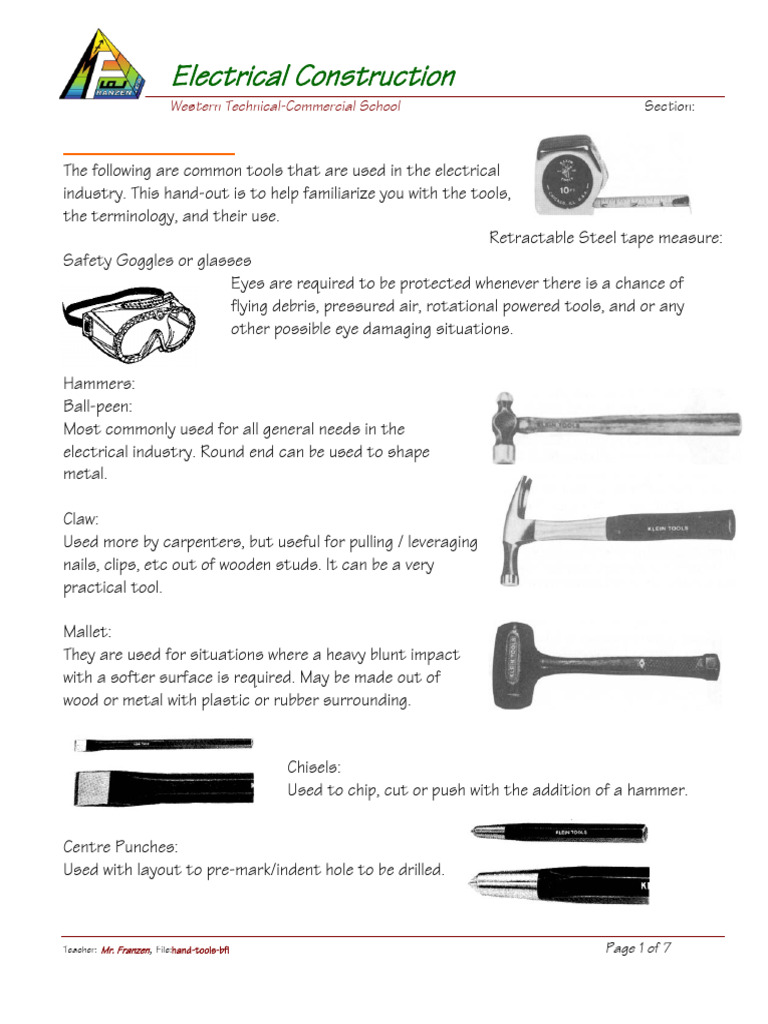 Essential Electrician Hand Tools | PDF | Pipe (Fluid Conveyance) | Wire