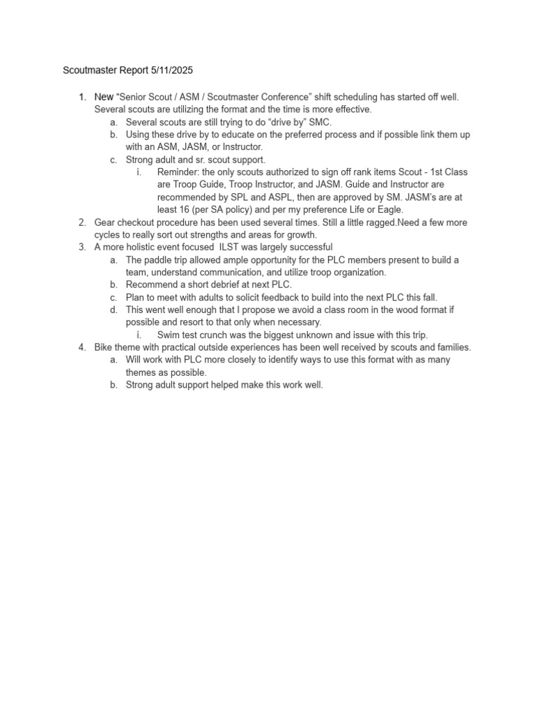 Scoutmaster Report 5-11-2025 | PDF
