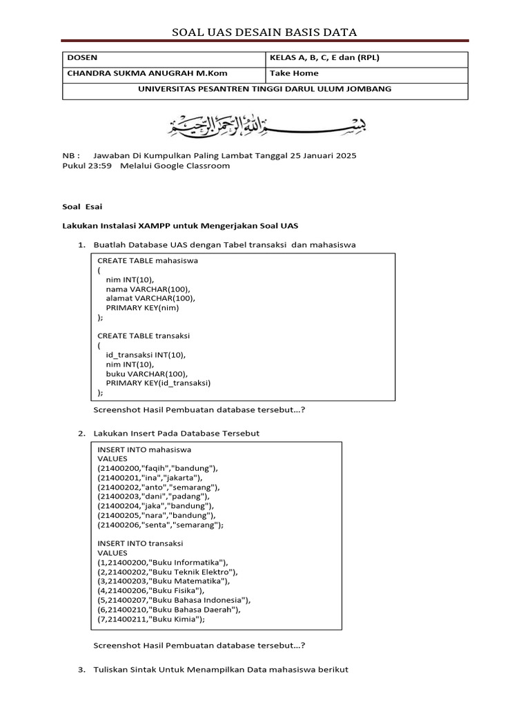 Soal UAS Desain Basis Data 2025 | PDF