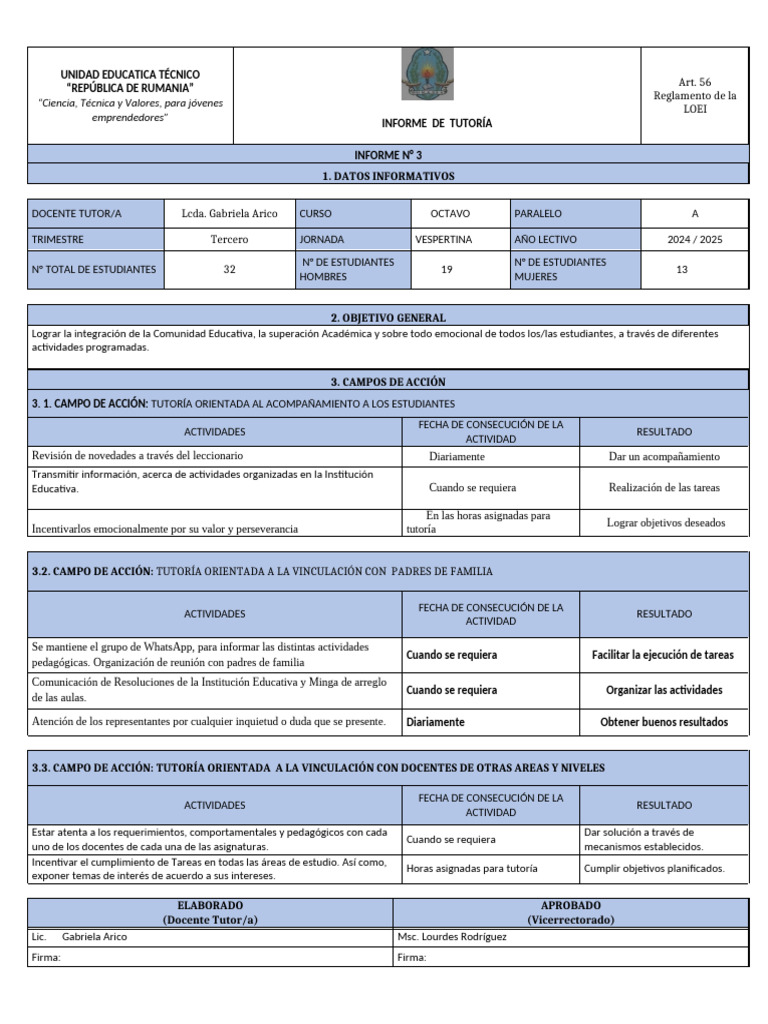 Informe de Tutoria 3er Trimestre 2024-2025 8vo A | PDF