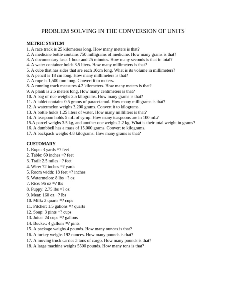 Problem Solving in Conversion of Unit | PDF