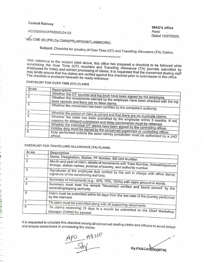 Check List For OT and TA | PDF