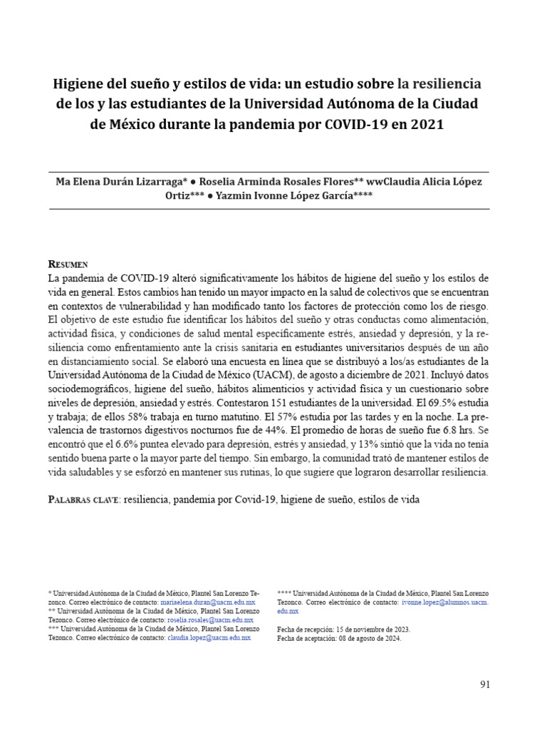 Resiliencia y hábitos de sueño en estudiantes | PDF | Dormir ...