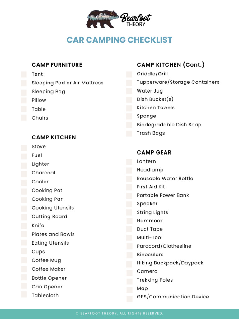 Essential Car Camping Gear Checklist | PDF | Domestic Implements | Home