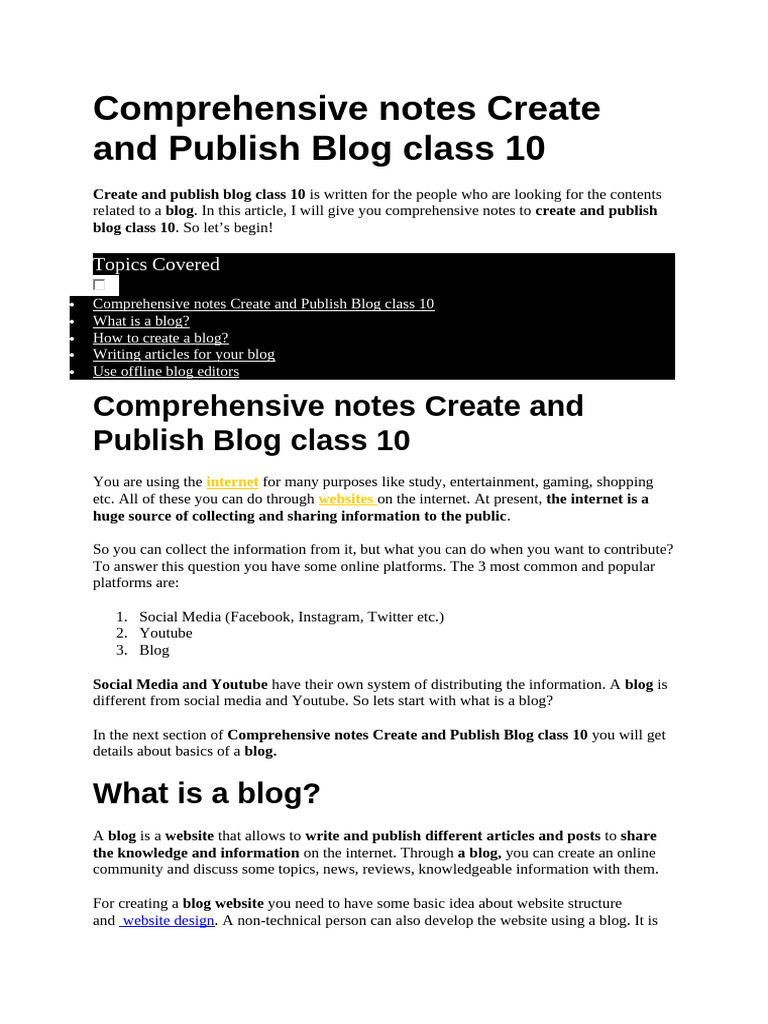 Create and Publish a Blog: Class 10 Guide | PDF | Blog | Popular ...